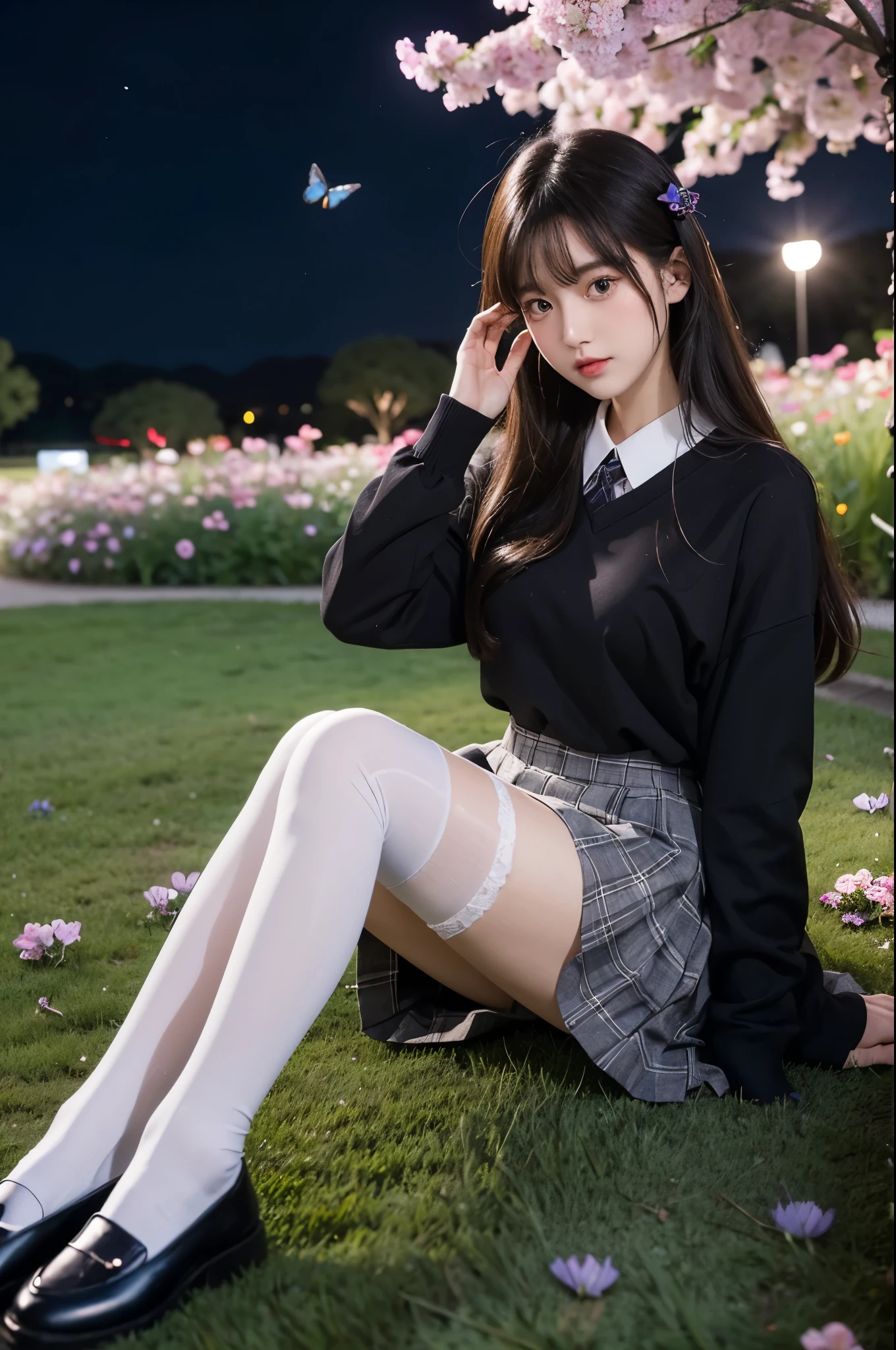 white thighhighs loafers black footwear brown footwear mary janes pleated skirt plaid skirt serafuku (night), iridescence, In the park under the moonlight,A beautiful girl sitting among the flowers,Surrounded by blooming flowers and fluttering butterflies。Girl's cleavage is visible,The body leans back,Support your body with your elbows,Showing an elegant and seductive posture。She has a very beautiful、Well-proportioned legs,Anatomically correct。The girl's face is delicate,Bathed in the soft moonlight,The whole scene is filled with atmospheric lighting effects。Dramatic lighting creates a cinematic atmosphere。The bright smile on the girl's face adds a touch of fantasy。