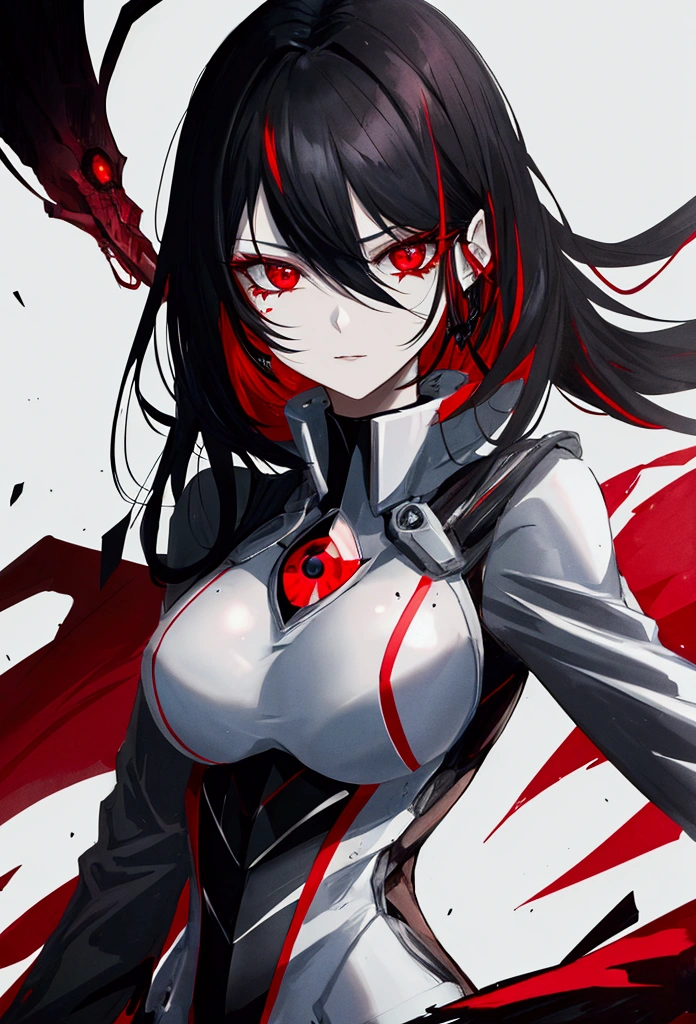 a woman with black hair and red streaks with a dark face, detailed red eyes with a white point on the iris, with a black suit with red details
