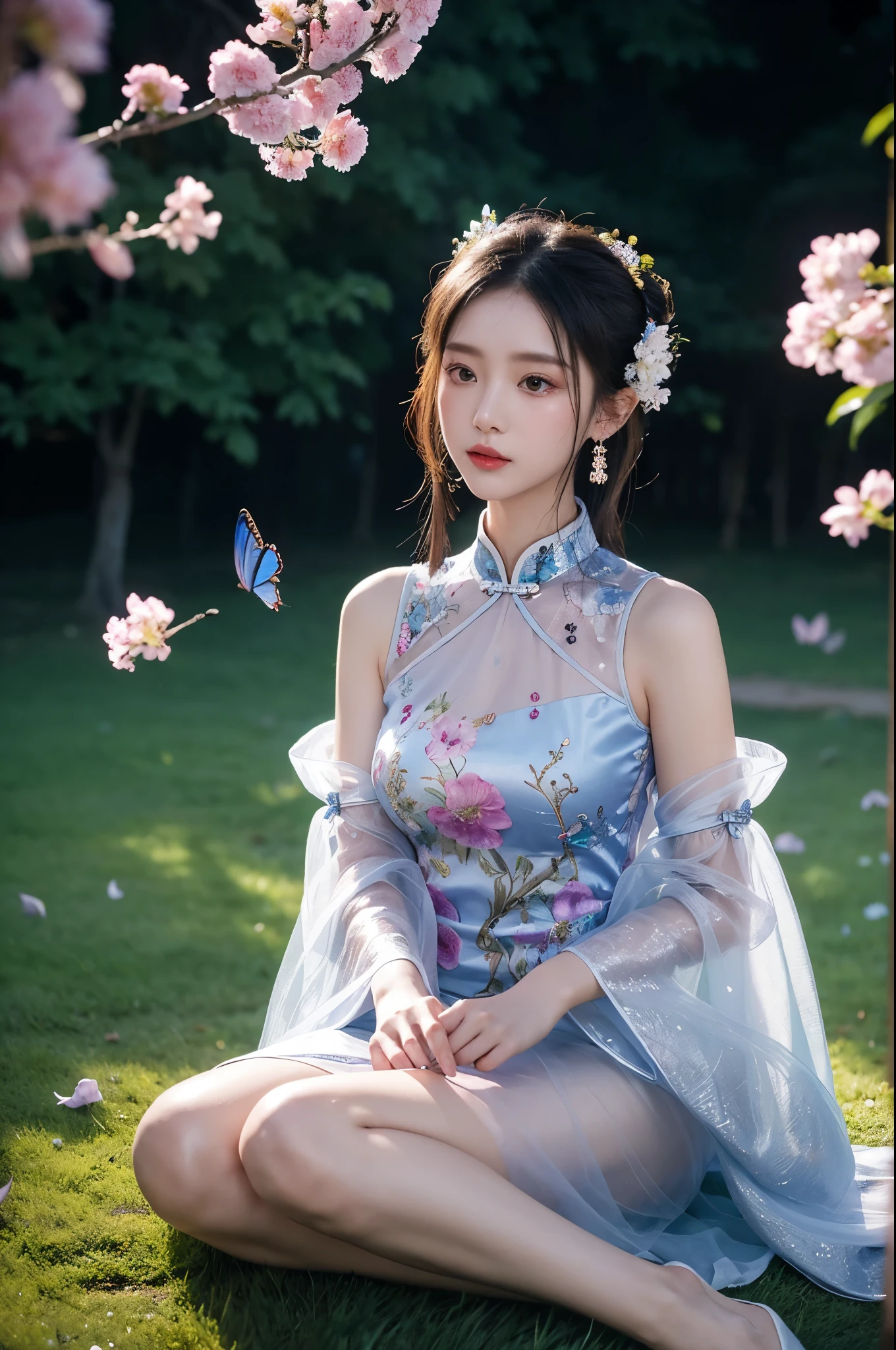 cyb dress, chinese clothes, detached collar, clothing cutout, wide sleeves, see-through sleeves, Tassel (night), iridescence, In the park under the moonlight，A beautiful girl sitting among the flowers，Surrounded by blooming flowers and fluttering butterflies。Girl&#39;s cleavage is visible，The body leans back，Support your body with your elbows，Showing an elegant and seductive posture。She has a very beautiful、Well-proportioned legs，Anatomically correct。The girl&#39;s face is delicate，Bathed in the soft moonlight，The whole scene is filled with atmospheric lighting effects。Dramatic lighting creates a cinematic atmosphere。The bright smile on the girl&#39;s face adds a touch of fantasy。