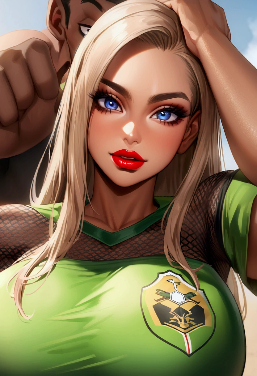 Ebony African, mulatto, (((perfect eyes))), (((red lips))) (((perfect face))), (((giant breasts))), a woman in a soccer uniform posing for a photography, Wayne England, Nicole Aniston, green tunic, mesh shirt, medium close-up