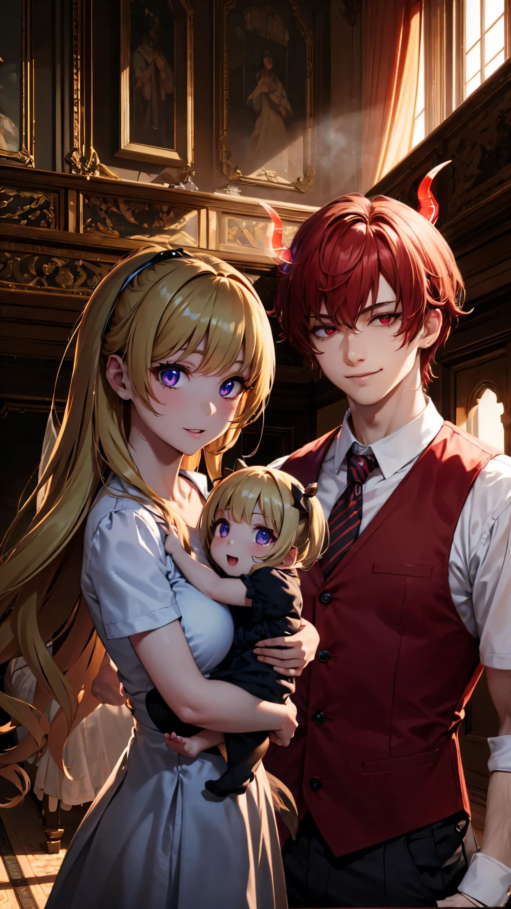 (masterpiece, best quality, absurdres), high quality, highres, ultra detailed, intricate, cinematic lighting, wallpaper, positive vibes, Large smile, perfect fingers, (man horns), black horns, family, looking at viewers, violet eyes girls, red eyes man, detailed eyes