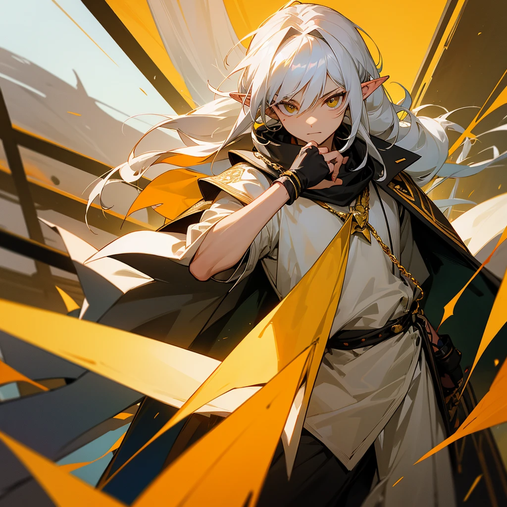 Hair: This woman has long white or silver hair. Hairnya terurai dengan sebagian diikat ke belakang.eye: eyenya berwarna oranye dengan tatapan yang tajam.Ears: Has pointed ears similar to elf ears.clothes: Wearing white clothes with gold decoration on the front. clothes ini tampak seperti jaket panjang berwarna kuning dan hitam yang tidak dikancingkan sepenuhnya.Accessory: Wearing sunglasses kept on top of his head. On his wrist was a large metal chain connected to a golden triangle-shaped object on his right hand.pose: Standing position with one arm raised and the other slightly extended forward. His face displays a serious or slightly haughty expression.Additional Features: Has a small red mark or tattoo under his left eye.