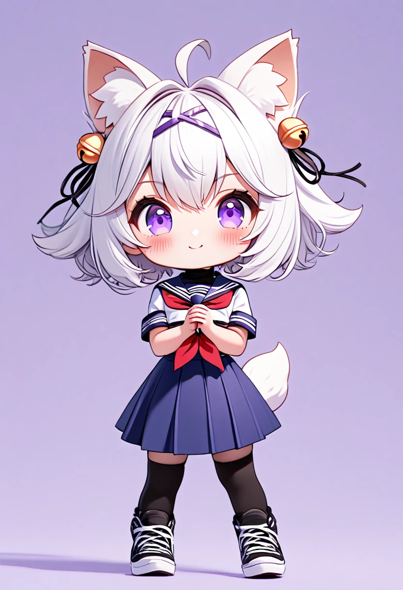 master piece, best quality, ultra-detailed, illustration, 1girl, solo, chibi, (big head), cute pose, fsuperhero pose, front view, looking at viewer. Filiansailor, ((purple hairclip)), hair bell, white hair, short hair, cat ears, ahoge, purple eyes, blush, smiling, fluffy tail, serafuku, black turtleneck, short sleeve, red neckerchief, blue skirt, black stockings, sneaker shoes, ((simple background)),