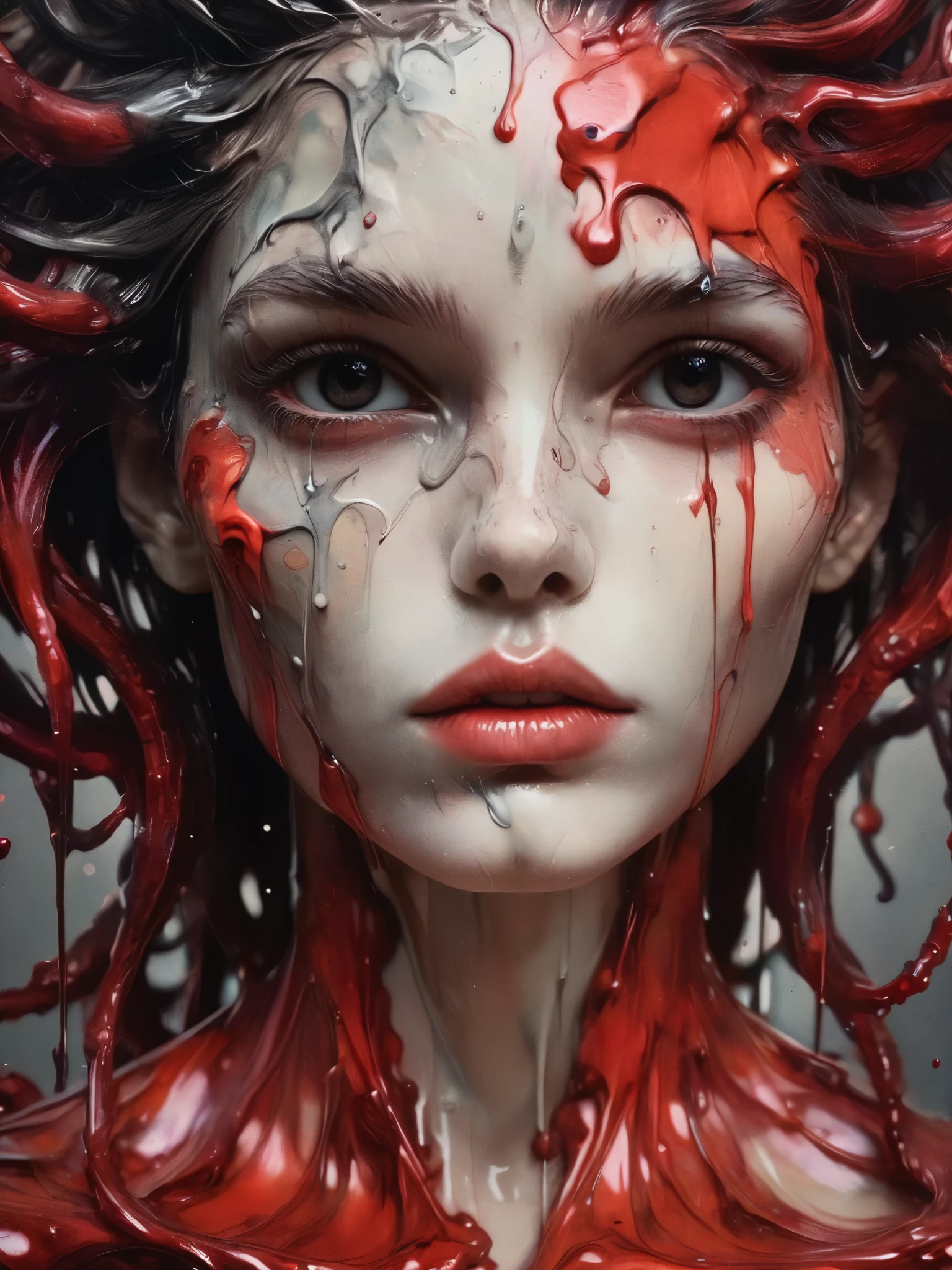 8k, RGB, HdR, oil paints, Watercolors, bright saturated colors, Anna Razumovskaya, Jarek Kubicki, Aleksi Brilo, Darek Zabrotsky, sakimichan, lois, Aminola Rezai, raw photo, negro, dark red, close up, Portrait of Medusa, Mixed media collage, beautiful face. calligraphy, gouache wash, pen sketch, fine lines, Vintage illustration style. negro, white, Coral pink, red, by rubio, beautiful ral-negrolight designs