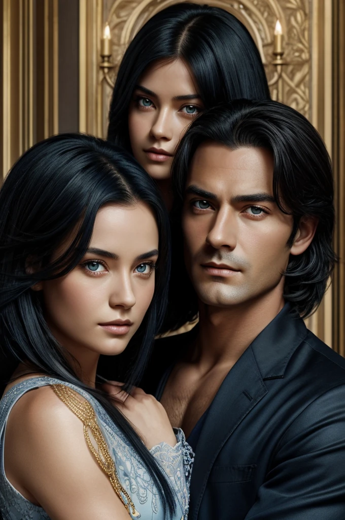 Novel cover, a Duke with dark blue short hair and eyes, and his daughter with golden eyes and long Black hair 