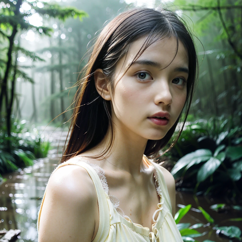 Beautiful Face, Highest quality,Ultra-high natural light, Glowing Skin,Detailed skin,Detailed face,Detailed eyes, Beautiful Japanese Girl, Deep in the forest, (fog:1.2), rain, waterたまり, mist, water, downpour, Lots of trees