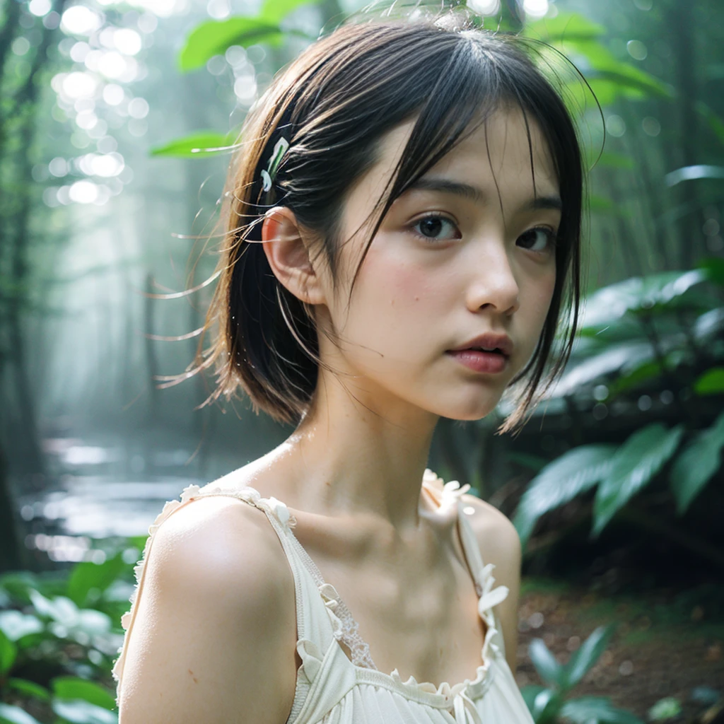 Beautiful Face, Highest quality,Ultra-high natural light, Glowing Skin,Detailed skin,Detailed face,Detailed eyes, Beautiful Japanese Girl, Deep in the forest, (fog:1.2), rain, waterたまり, mist, water, downpour, Lots of trees