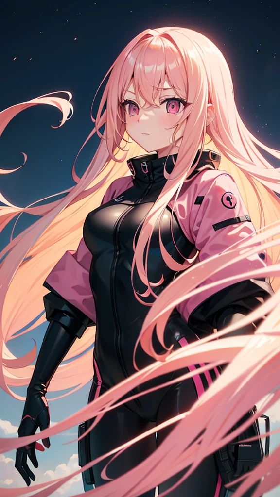 Adult woman, pink eyes, long blonde hair, floating on the sky, pink-black plugsuit, night