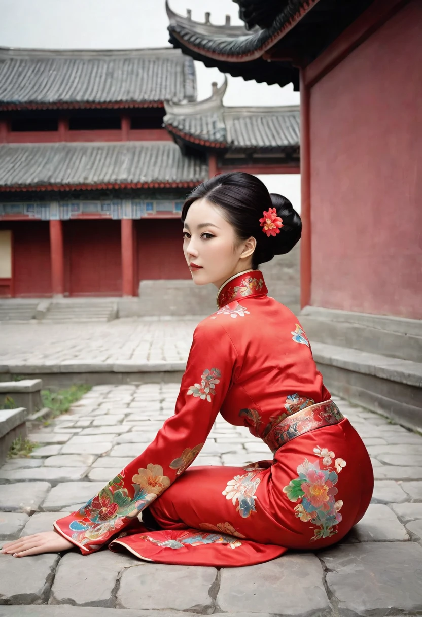 Profile photo from under the buttocks, on the cobblestones outside the Qing Dynasty palace、Empress Qing Dynasty、A nude model wearing a red Manchu outfit with a flashy floral pattern, decorated with a large, flashy flower and a hairpin, her hair tied up and pulled up, crawling on all fours and showing only her bare buttocks, with her profile visible.、