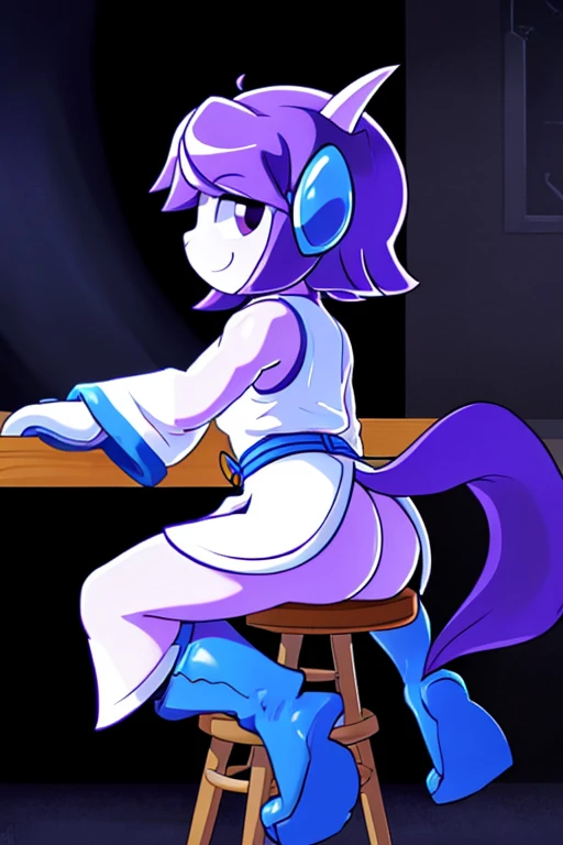 best quality,  sash lilac, sitting, stool, dark environment, long bangs, white sleeveless robe, blue boots, blue-white gloves, ass, nipples,