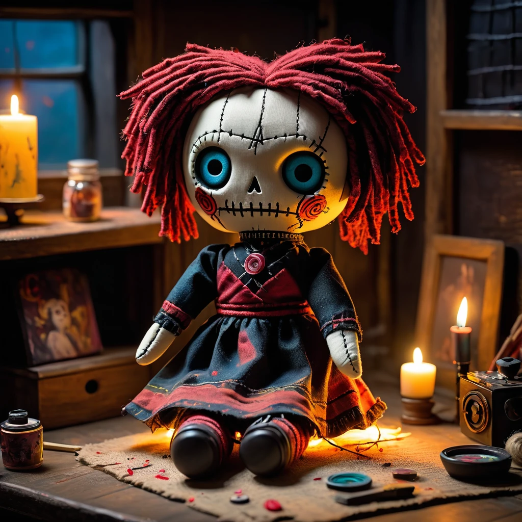 (knitted toy voodoo doll:1.7), (Voodoo in a house with living paintings:1.3), (Clothing: old-fashioned artist's smock with paint splatters:1.0), (Accessories: miniature eerie canvases, tiny ghostly brushes, small glowing palettes:1.2), (background: dark room with flickering lights and glowing animated paintings, ethereal light illuminating the scene:1.2), best quality, masterpiece, detailed soft oil painting, detailed background, dramatic cinematic lighting, soft edge lighting, professional, dramatic lighting, hard edge lighting, ultra quality, 4k,masterpiece, best quality, 8k, ultra highres, highres, extremely detailed