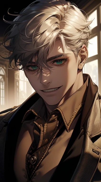 ((a mature man, very handsome, smile in love, short grey golden hair, green eyes, perfect face without errors)), ((buttoning the jacket, CEO)), (best quality, masterpiece, 8K, photorealistic, cinematic lighting, hdr image, ultra detailed, beautiful image), (portrait, detailed facial features, intricate textures, realistic skin tones, highly detailed, ultra-realistic), (warm lighting, soft shadows, dramatic lighting), (muted color palette, rich tones), (professional photography, high resolution, studio lighting)