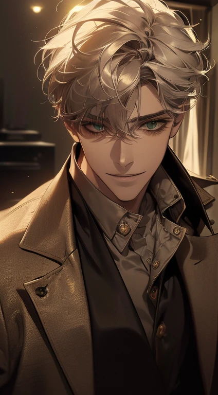 ((a mature man, very handsome, smile in love, short grey golden hair, green eyes, perfect face without errors)), ((buttoning the jacket, CEO)), (best quality, masterpiece, 8K, photorealistic, cinematic lighting, hdr image, ultra detailed, beautiful image), (portrait, detailed facial features, intricate textures, realistic skin tones, highly detailed, ultra-realistic), (warm lighting, soft shadows, dramatic lighting), (muted color palette, rich tones), (professional photography, high resolution, studio lighting)