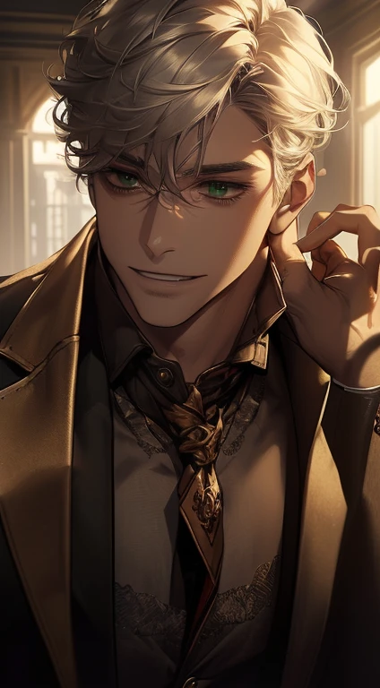 ((a mature man, very handsome, smile in love, short grey golden hair, green eyes, perfect face without errors)), ((buttoning the jacket, CEO)), (best quality, masterpiece, 8K, photorealistic, cinematic lighting, hdr image, ultra detailed, beautiful image), (portrait, detailed facial features, intricate textures, realistic skin tones, highly detailed, ultra-realistic), (warm lighting, soft shadows, dramatic lighting), (muted color palette, rich tones), (professional photography, high resolution, studio lighting)