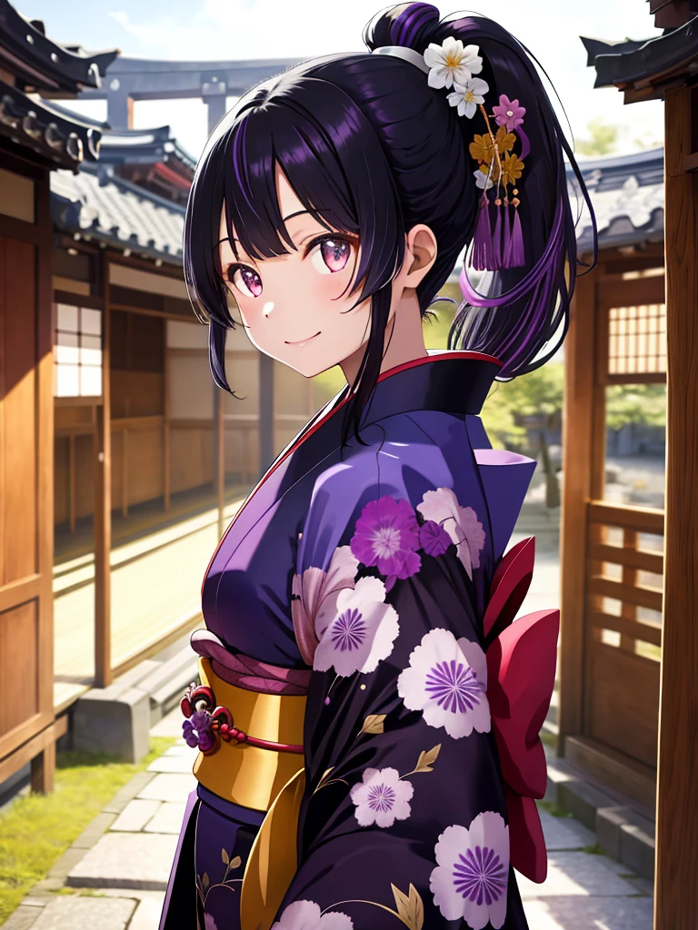Kyoto, High resolution, Highest quality, 1 girl solo, smile, kimono, Black Hair, Purple highlights, ponytail