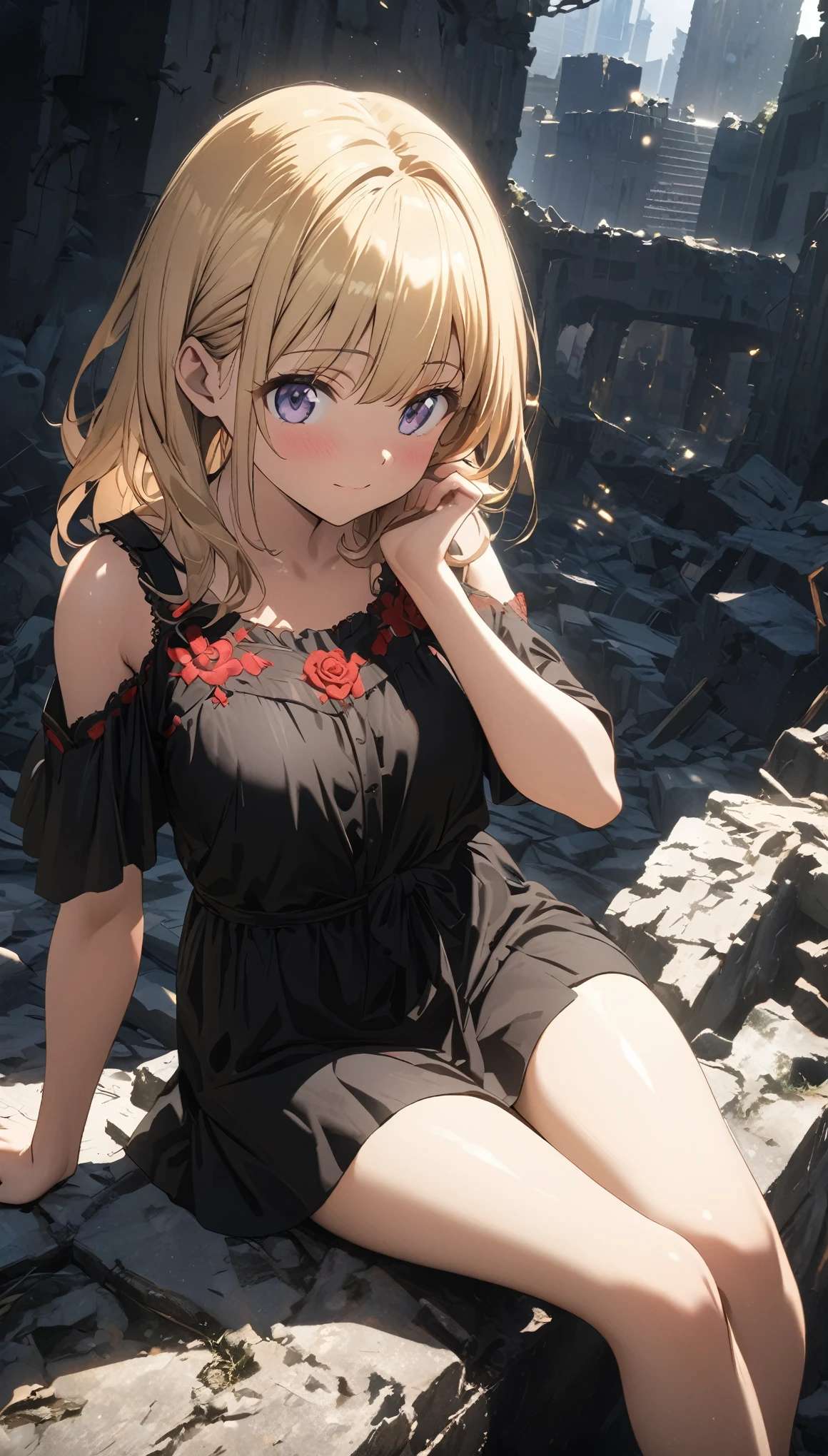 (Japanese Anime), ((best quality)), (Professional photography:1.3), (Super Detail:1.2), (HD:1.3), lens flare, Wide-angle lens, Textured Skin, Movie Lighting, 1 Girl, Rose embroidery,  (Silky blonde hair), (Cute and shining), (healthy body), ((Sitting on the ruins)), (Clear focus), (Perfect Light)