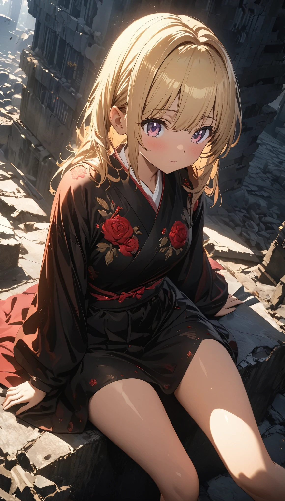 (Japanese Anime), ((best quality)), (Professional photography:1.3), (Super Detail:1.2), (HD:1.3), lens flare, Wide-angle lens, Textured Skin, Movie Lighting, 1 Girl, Rose embroidery,  (Silky blonde hair), (Cute and shining), (healthy body), ((Sitting on the ruins)), (Clear focus), (Perfect Light)