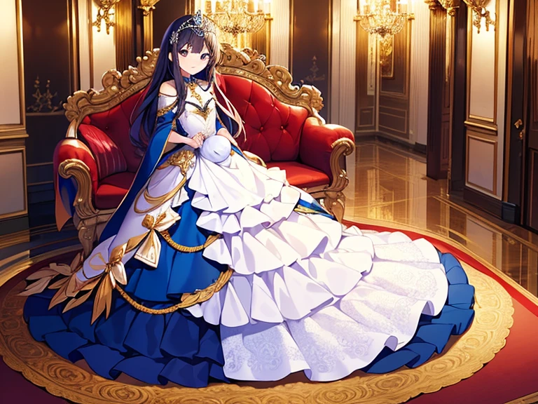 best quality,(long train blue cape:1.15),(long train white ball gown with floral decoration:1.15), a girl is wearing a cape over her dress, anime style, rococo style, little princess, tiara, kind smile, very long hair, small breast, perfect fingers, masterpiece