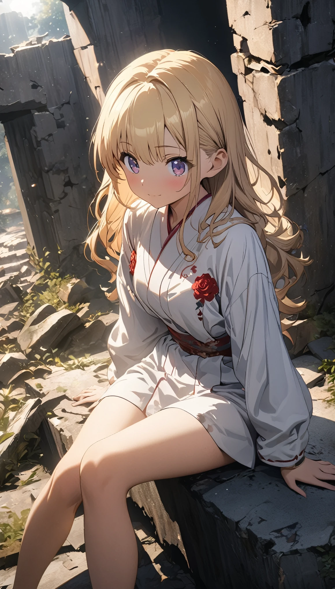 (Japanese Anime), ((best quality)), (Professional photography:1.3), (Super Detail:1.2), (HD:1.3), lens flare, Wide-angle lens, Textured Skin, Movie Lighting, 1 Girl, Rose embroidery,  (Silky blonde hair), (Cute and shining), (healthy body), ((Sitting on the ruins)), (Clear focus), (Perfect Light)