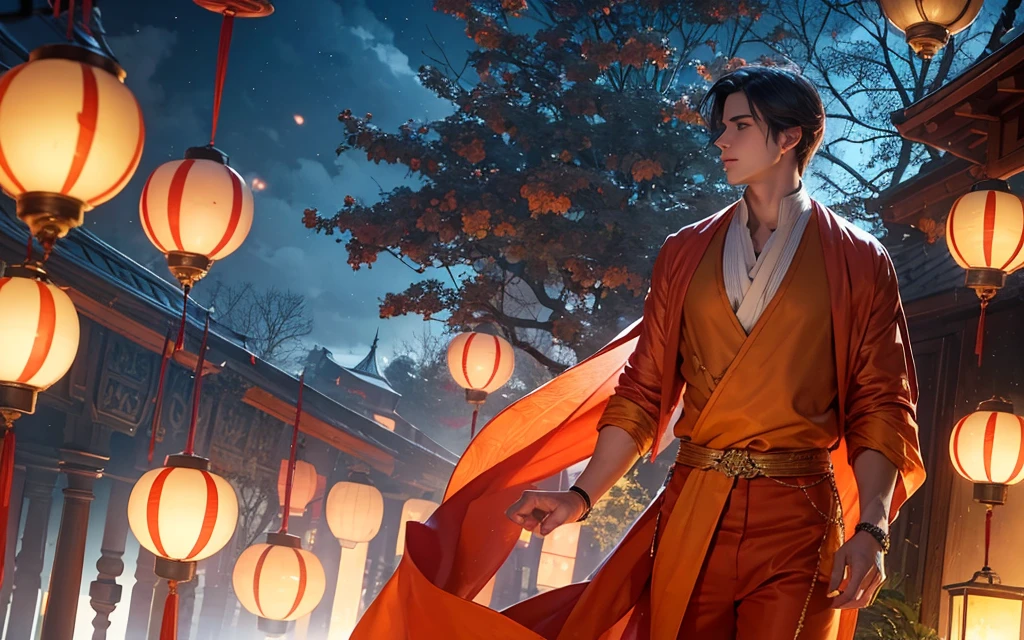 A handsome young man in white clothes with windblown hair standing thoughtfully on a balcony at dusk, gazing over a vast cityscape illuminated by floating lanterns in a twilight sky, creating a dreamlike and magical atmosphere. The primary light source is the twilight sky, casting soft shadows and delicate highlights on his hair and clothes. The color scheme features cool blues and purples, with contrasting warm orange and red lanterns. The scene conveys a sense of serenity, fantasy, and a touch of melancholy, with the young man's pose and expression suggesting contemplation or longing. The wind adds a dynamic element, bringing life to his hair and clothes, and the lanterns gently rise, enhancing the magical ambiance. The city lights twinkle like stars, adding depth and detail to the background.