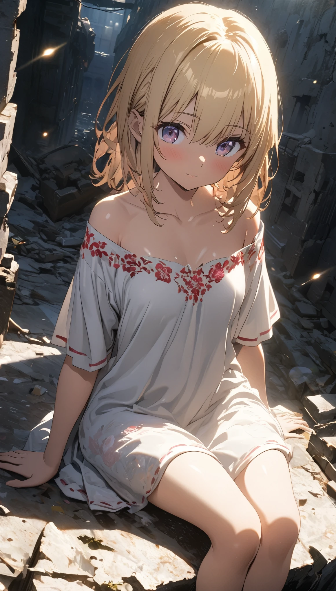 (Japanese Anime), ((best quality)), (Professional photography:1.3), (Super Detail:1.2), (HD:1.3), lens flare, Wide-angle lens, Textured Skin, Movie Lighting, 1 Girl, Rose embroidery,  (Silky blonde hair), (Cute and shining), (healthy body), ((Sitting on the ruins)), (Clear focus), (Perfect Light)