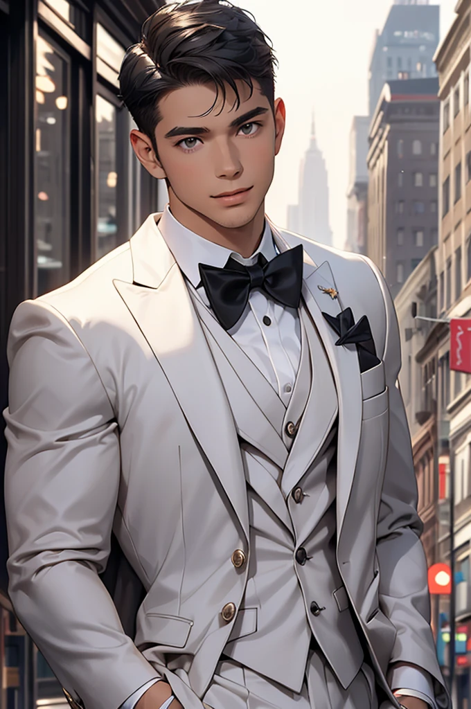 a young man in elegant looking costume posing as a model outside a building, 1boy, male focus, solo, Black hair, bow, formal, bowtie, realistic, suit