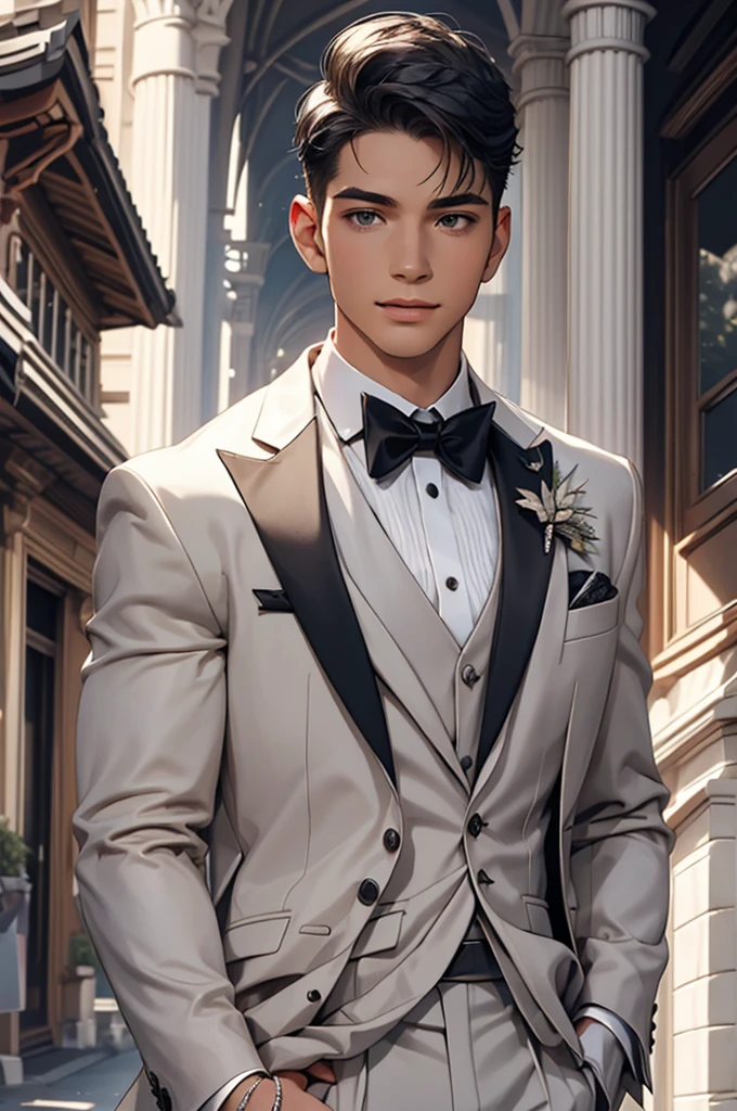 a young man in elegant looking costume posing as a model outside a building, 1boy, male focus, solo, Black hair, bow, formal, bowtie, realistic, suit