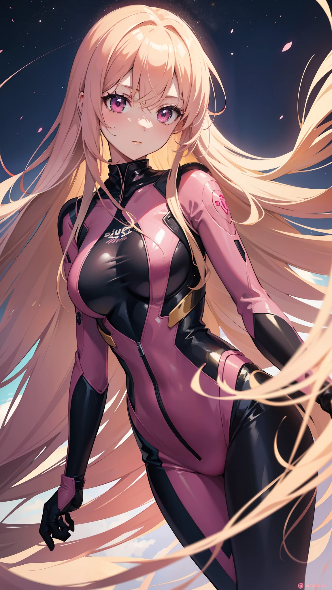 Adult woman, pink eyes, long blonde hair, floating on the sky, pink-black plugsuit, night