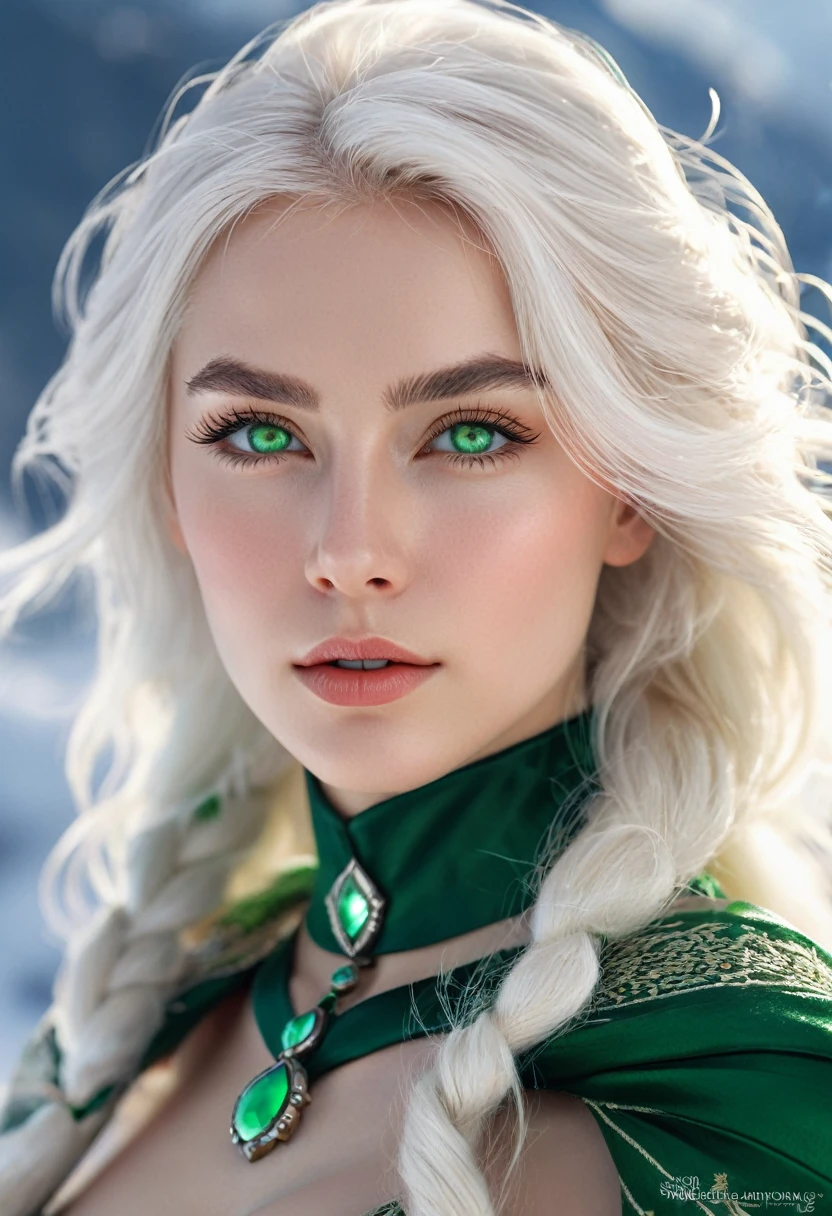 Fantasy in retro style, masterpiece, Magnificent Art, best quality, 1 Girl, Close-up girl Nordic princess, Scandinavian Mountains, Winter weather, Symmetrical and detailed face, Skin as smooth as peach silk, Energetic and aggressive green eyes, Waist-length messy white hair, Sculpted body, (spark: 0.7), Adobe illustration, Trand on Artstation, 8K, HD, 超HD, Cool soft lighting,  --q 500 --s 100, -
