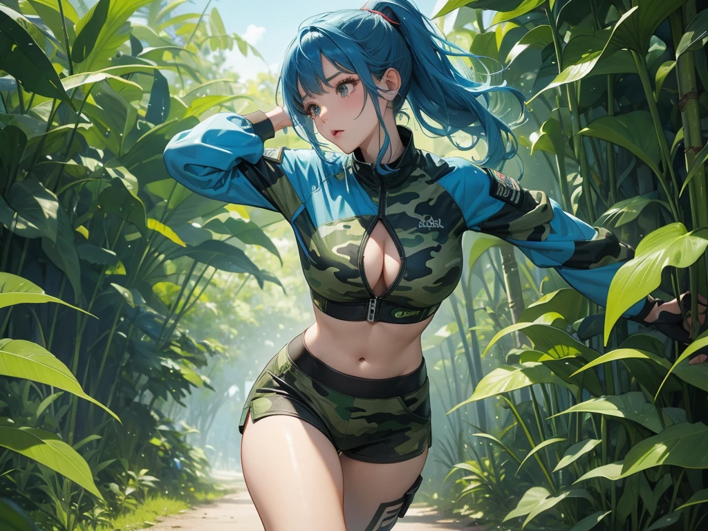 Blue Hair、Up ponytail、Run at full speed、Green camouflage survival clothing、Big Breasts、Belly button exposed、evening、jungle、Highest quality