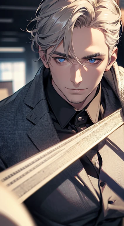 (best quality,4k,8k,highres,masterpiece:1.2),ultra-detailed,(realistic,photorealistic,photo-realistic:1.37),1 man,31 years old,mature man,very handsome,without expression,smile,short grey golden hair,blue eyes,penetrating gaze,perfect face without errors,imposing posture,businessman,office background,cinematic lighting,hdr image
