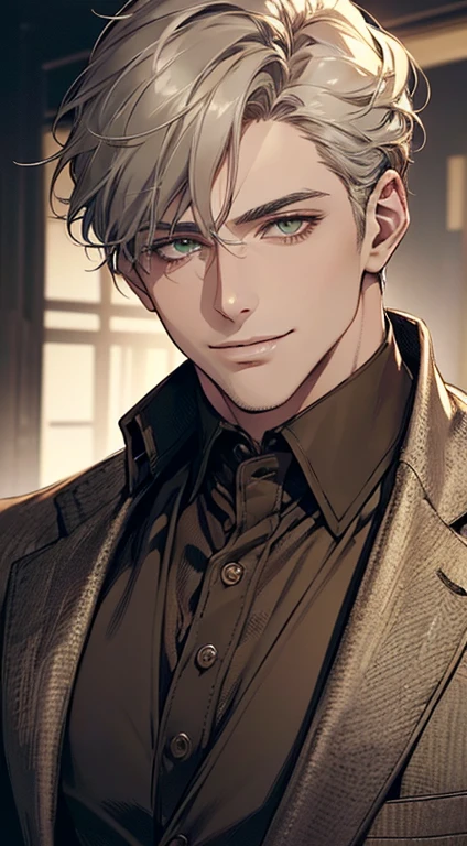 ((a mature man, very handsome, smile in love, short grey golden hair, green eyes, perfect face without errors)), ((buttoning the jacket, CEO)), (best quality, masterpiece, 8K, photorealistic, cinematic lighting, hdr image, ultra detailed, beautiful image), (portrait, detailed facial features, intricate textures, realistic skin tones, highly detailed, ultra-realistic), (warm lighting, soft shadows, dramatic lighting), (muted color palette, rich tones), (professional photography, high resolution, studio lighting)