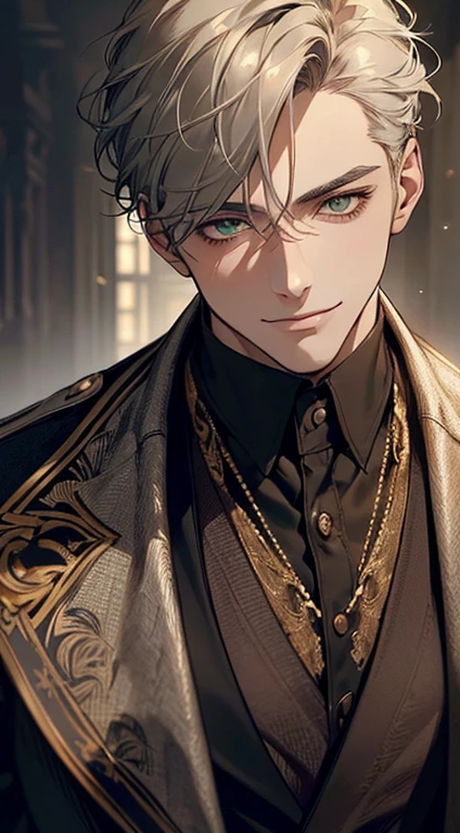 ((a mature man, very handsome, smile in love, short grey golden hair, green eyes, perfect face without errors)), ((buttoning the jacket, CEO)), (best quality, masterpiece, 8K, photorealistic, cinematic lighting, hdr image, ultra detailed, beautiful image), (portrait, detailed facial features, intricate textures, realistic skin tones, highly detailed, ultra-realistic), (warm lighting, soft shadows, dramatic lighting), (muted color palette, rich tones), (professional photography, high resolution, studio lighting)