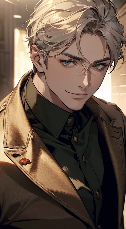 ((a mature man, very handsome, smile in love, short grey golden hair, green eyes, perfect face without errors)), ((buttoning the jacket, CEO)), (best quality, masterpiece, 8K, photorealistic, cinematic lighting, hdr image, ultra detailed, beautiful image), (portrait, detailed facial features, intricate textures, realistic skin tones, highly detailed, ultra-realistic), (warm lighting, soft shadows, dramatic lighting), (muted color palette, rich tones), (professional photography, high resolution, studio lighting)