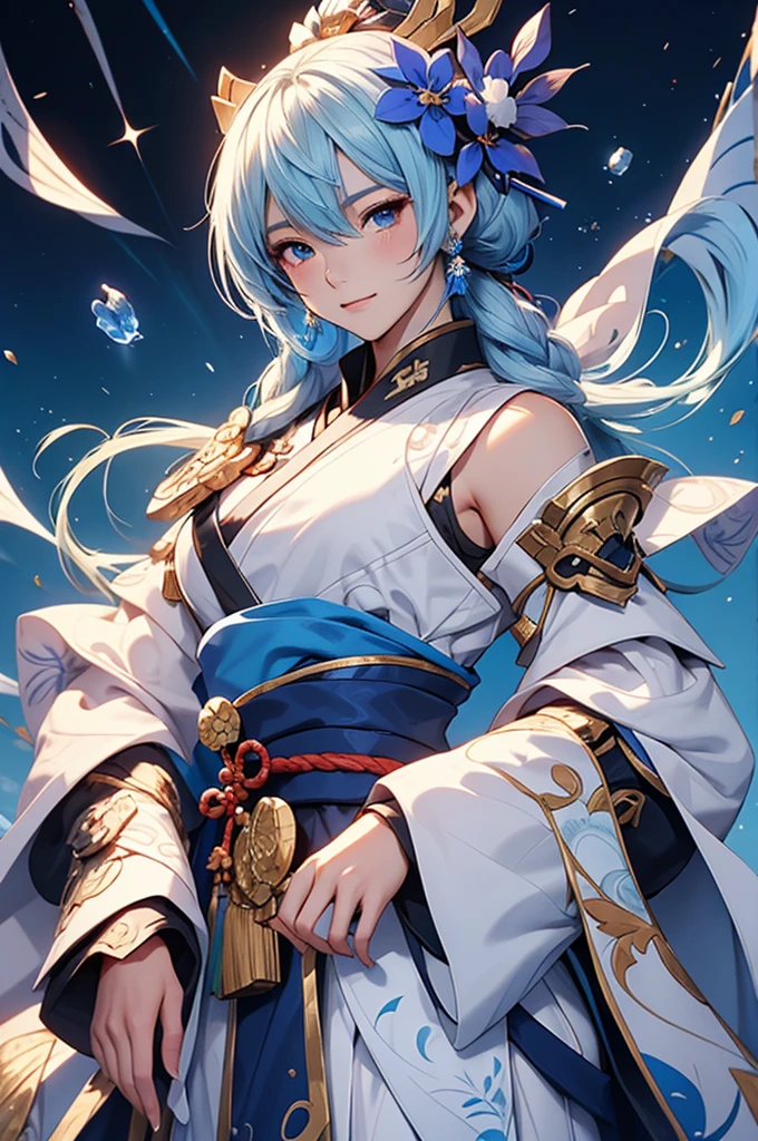 Anime girl wearing a blue and white dress and holding a blue ball, featuring.onmyoji, featuring.Onmyoji detailed art, featuring.onmyoji portrait, The white-haired god, keqing from featuring.genshin impact, featuring.genshin, Of the knights, zhongli from featuring.genshin impact, Hais Jinyao, By Shitao, Long, By Yang J, Yun Ling