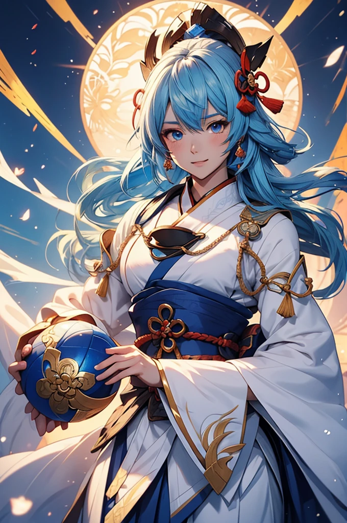 Anime girl wearing a blue and white dress and holding a blue ball, featuring.onmyoji, featuring.Onmyoji detailed art, featuring.onmyoji portrait, The white-haired god, keqing from featuring.genshin impact, featuring.genshin, Of the knights, zhongli from featuring.genshin impact, Hais Jinyao, By Shitao, Long, By Yang J, Yun Ling