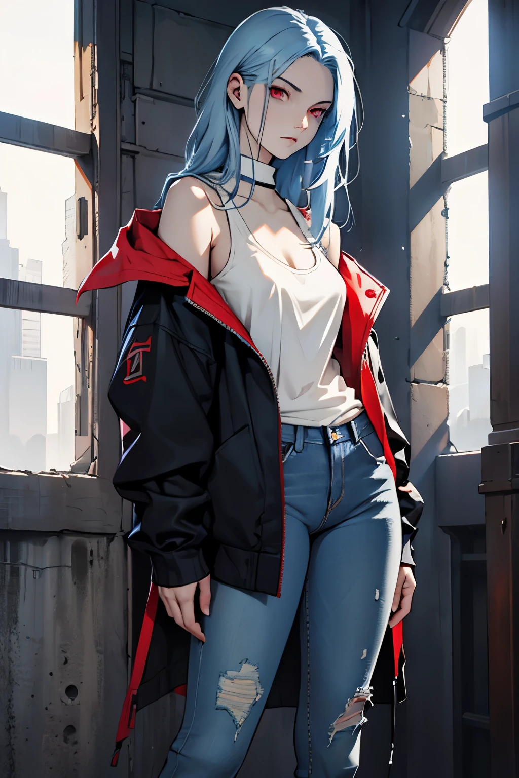 woman, slender, hourglass figure, pale skin, long straight hair, ink blue hair, red eyes, oversized clothes, modest clothes, dark clothes, tank top, jeans, loose jacket, distant expression