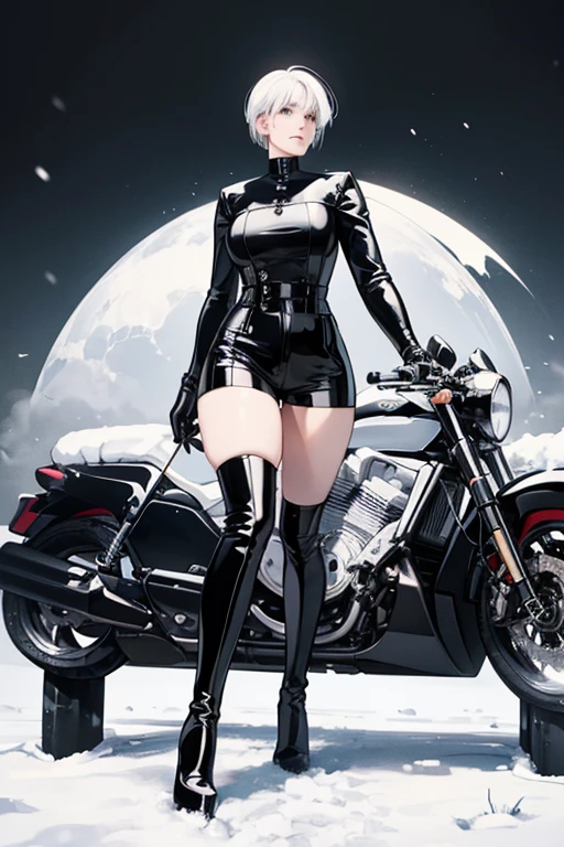 A black-haired girl smiling gently wearing a red enamel tube top, red enamel shorts, red enamel gloves, red enamel knee-high boots, and black fishnet stockings　Mount Fuji in the background