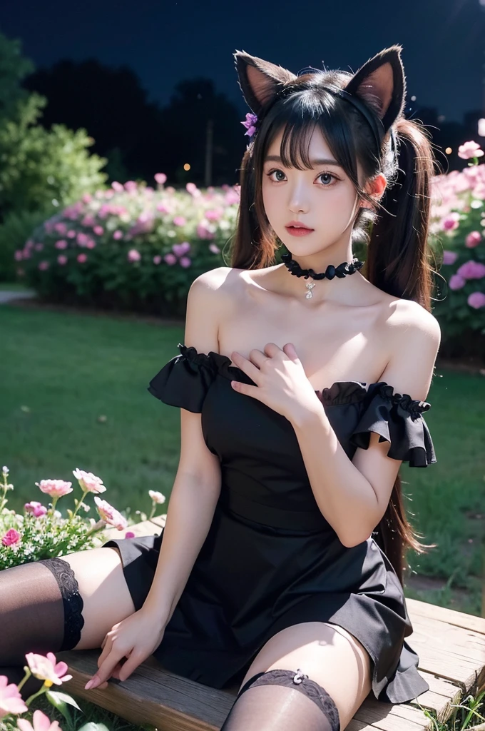 dress,animal ears,thighhighs,twintails,apron,cosplay,frilled choker, (night), ((single bare shoulder)), iridescence, In the park under the moonlight，A beautiful girl sitting among the flowers，Surrounded by blooming flowers and fluttering butterflies。Girl&#39;s cleavage is visible，The body leans back，Support your body with your elbows，Showing an elegant and seductive posture。She has a very beautiful、Well-proportioned legs，Anatomically correct。The girl&#39;s face is delicate，Bathed in the soft moonlight，The whole scene is filled with atmospheric lighting effects。Dramatic lighting creates a cinematic atmosphere。The bright smile on the girl&#39;s face adds a touch of fantasy。