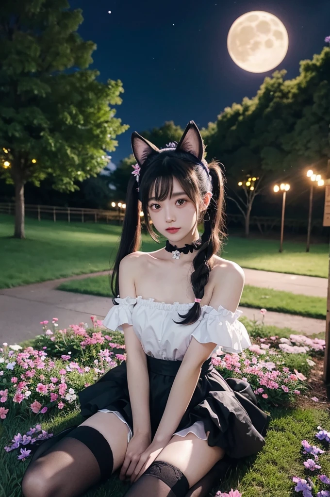 dress,animal ears,thighhighs,twintails,apron,cosplay,frilled choker, (night), ((single bare shoulder)), iridescence, In the park under the moonlight，A beautiful girl sitting among the flowers，Surrounded by blooming flowers and fluttering butterflies。Girl&#39;s cleavage is visible，The body leans back，Support your body with your elbows，Showing an elegant and seductive posture。She has a very beautiful、Well-proportioned legs，Anatomically correct。The girl&#39;s face is delicate，Bathed in the soft moonlight，The whole scene is filled with atmospheric lighting effects。Dramatic lighting creates a cinematic atmosphere。The bright smile on the girl&#39;s face adds a touch of fantasy。