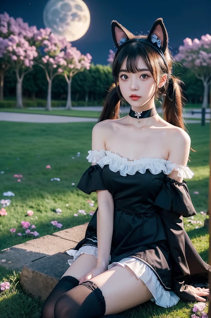 dress,animal ears,thighhighs,twintails,apron,cosplay,frilled choker, (night), ((single bare shoulder)), iridescence, In the park under the moonlight，A beautiful girl sitting among the flowers，Surrounded by blooming flowers and fluttering butterflies。Girl&#39;s cleavage is visible，The body leans back，Support your body with your elbows，Showing an elegant and seductive posture。She has a very beautiful、Well-proportioned legs，Anatomically correct。The girl&#39;s face is delicate，Bathed in the soft moonlight，The whole scene is filled with atmospheric lighting effects。Dramatic lighting creates a cinematic atmosphere。The bright smile on the girl&#39;s face adds a touch of fantasy。