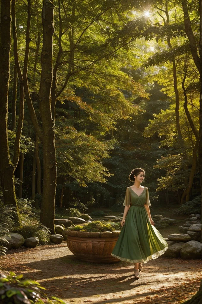 A whimsical miniature figure composed of delicately arranged autumn leaves, poised in a carefree dance on the rim of a weathered, moss-covered terracotta pot, set against a lush, vibrant forest backdrop, where dappled sunlight filters through the canopy above, casting intricate shadows. The overall aesthetic is ethereal, with warm, earthy tones of sienna, umber, and olive green, infused with hints of emerald and golden light, evoking a sense of wonder and enchantment, as if plucked from a fantastical realm.