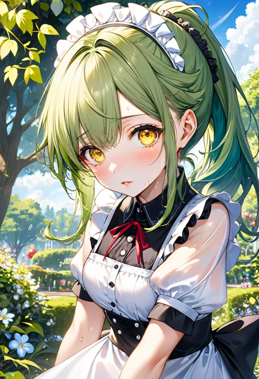 (Patient style), (solo:2, 15 yo, sweaty skin, Look sick Pale face), (beautiful detailed ponytail) (beautiful detailed green hair, long hair) (best cute fighter girl, best cute yellow eyes, glossy lip, looking up, blue face, medium tits), in a immensely beautiful summer maid dress, break, in the beautiful enchanted garden, background beautiful summer sky, BREAK, perfect anatomy, masterpiece, best quality, beautiful detailed sick, daydreaming expression.