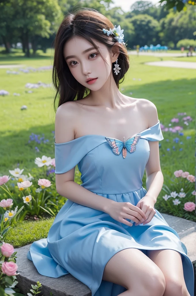 bjyx (nice with you). blue dress (night), ((single bare shoulder)), iridescence, In the park under the moonlight，A beautiful girl sitting among the flowers，Surrounded by blooming flowers and fluttering butterflies。Girl&#39;s cleavage is visible，The body leans back，Support your body with your elbows，Showing an elegant and seductive posture。She has a very beautiful、Well-proportioned legs，Anatomically correct。The girl&#39;s face is delicate，Bathed in the soft moonlight，The whole scene is filled with atmospheric lighting effects。Dramatic lighting creates a cinematic atmosphere。The bright smile on the girl&#39;s face adds a touch of fantasy。