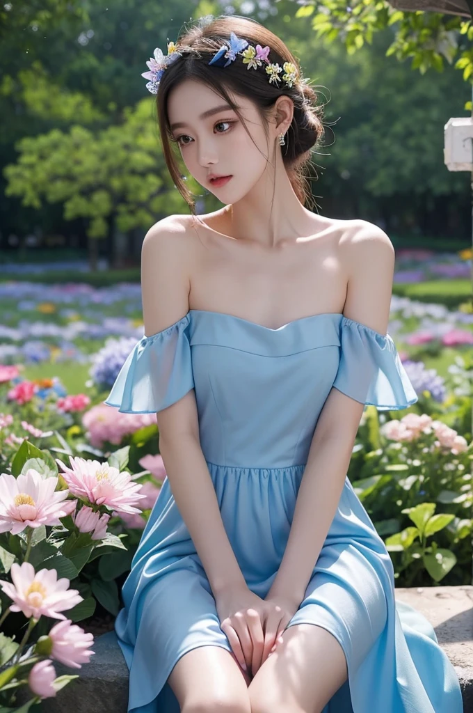 bjyx (nice with you). blue dress (night), ((single bare shoulder)), iridescence, In the park under the moonlight，A beautiful girl sitting among the flowers，Surrounded by blooming flowers and fluttering butterflies。Girl&#39;s cleavage is visible，The body leans back，Support your body with your elbows，Showing an elegant and seductive posture。She has a very beautiful、Well-proportioned legs，Anatomically correct。The girl&#39;s face is delicate，Bathed in the soft moonlight，The whole scene is filled with atmospheric lighting effects。Dramatic lighting creates a cinematic atmosphere。The bright smile on the girl&#39;s face adds a touch of fantasy。