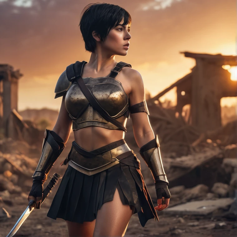 A woman, short black hair, black eyes, 1.70 meters tall, athletic body, giant breast, battle wounds on the body, wide hips, narrow waist, athletic legs, sexy Spartan warrior, battle armor, short black skirt, walking at sunset, in the middle of a battlefield, a lot of destruction, dead warriors everywhere, discouraging and sad image, high detail, Realism, Realism, Hyperrealism, depth of field, cinematic lighting, motion blur, panorama, three sided view, multiple views, Wide-Angle, Sony FE GM, UHD, masterpiece, ccurate, anatomically correct, textured skin, super detail, high details, high quality, highres, 8k