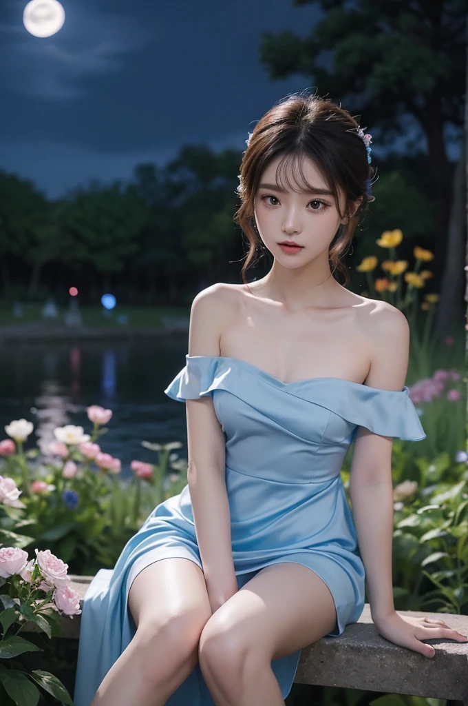 bjyx (nice with you). blue dress (night), ((single bare shoulder)), iridescence, In the park under the moonlight，A beautiful girl sitting among the flowers，Surrounded by blooming flowers and fluttering butterflies。Girl&#39;s cleavage is visible，The body leans back，Support your body with your elbows，Showing an elegant and seductive posture。She has a very beautiful、Well-proportioned legs，Anatomically correct。The girl&#39;s face is delicate，Bathed in the soft moonlight，The whole scene is filled with atmospheric lighting effects。Dramatic lighting creates a cinematic atmosphere。The bright smile on the girl&#39;s face adds a touch of fantasy。