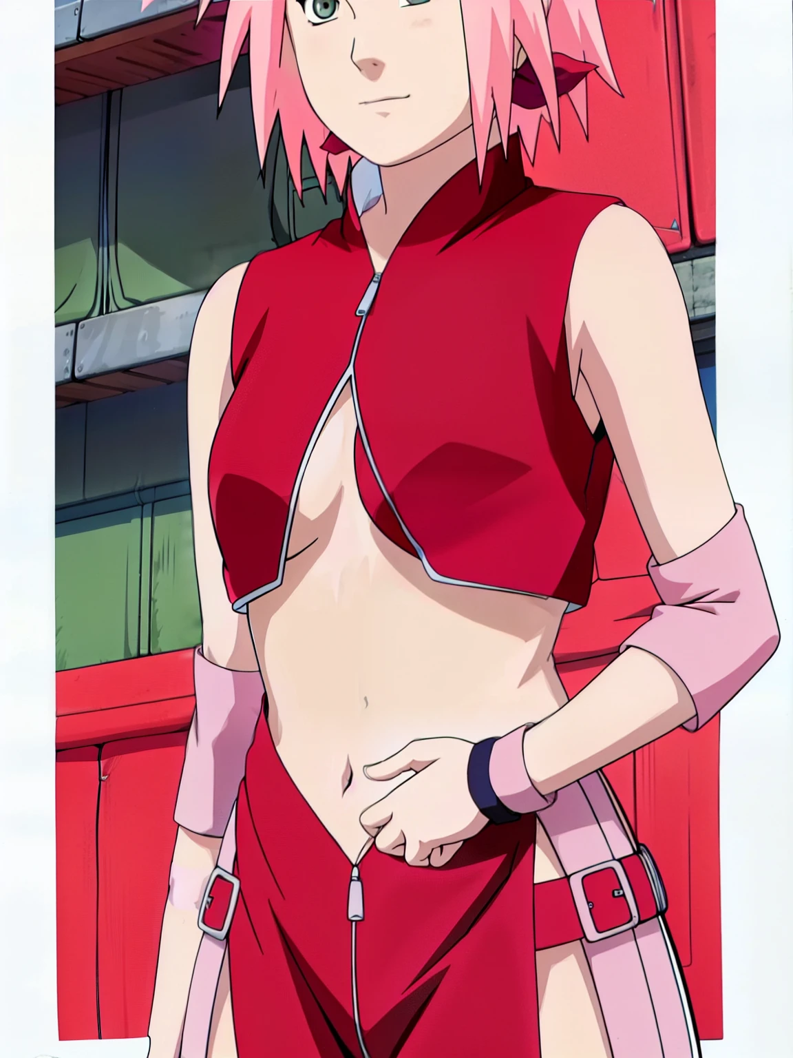 Sakura Haruno showing her belly with open zipper and open top showing her sexy breasts.