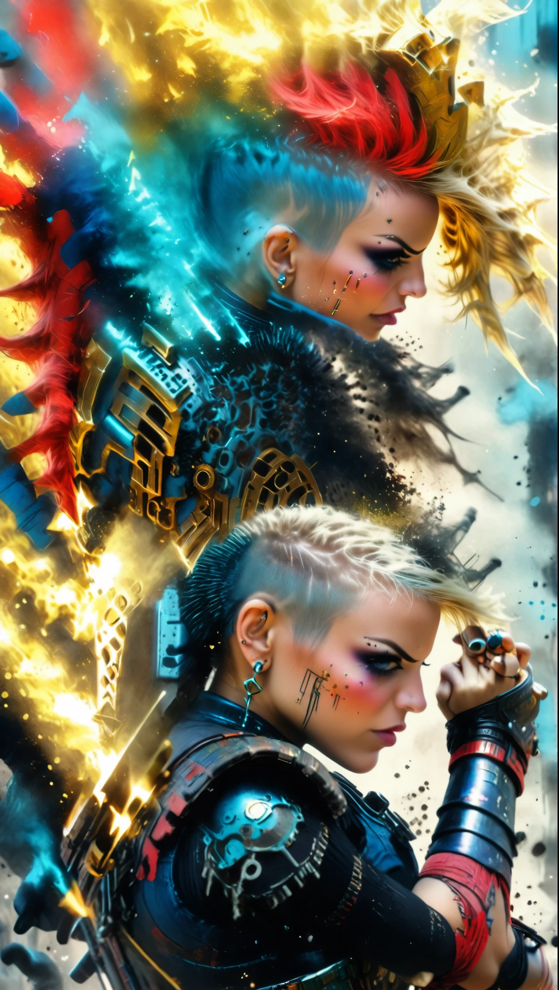 urbanpunk, more colorful, photography from behind, beautiful woman fighting at war, holding a big automatic gun, body is adorned with glowing golden runes, intense blue aura around her, wearing light black and red armor, short white hair is blowing in the wind,