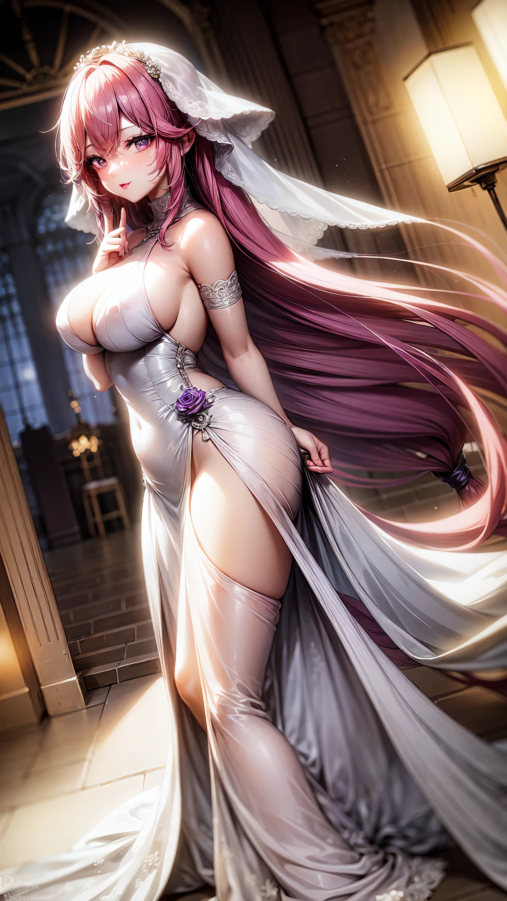 purple eyes,Wedding dress,long skirt,pink hair